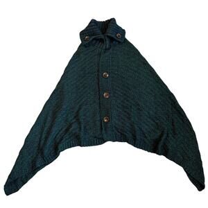 Hunter Green/Navy, Button Down, Mock Neck, Knit, Sweater Poncho- One Size